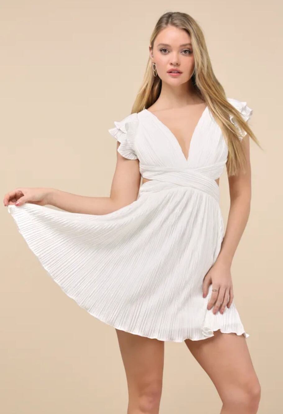 Lulus Captivating Delight White Plisse Satin Mini Dress - Lace-Up Bridal NWT M - Picture 1 of 14